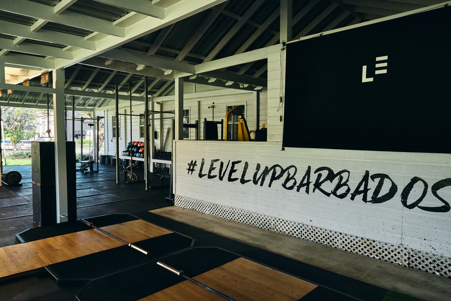 Outdoor rig and #levelupbarbados wall at Holetown