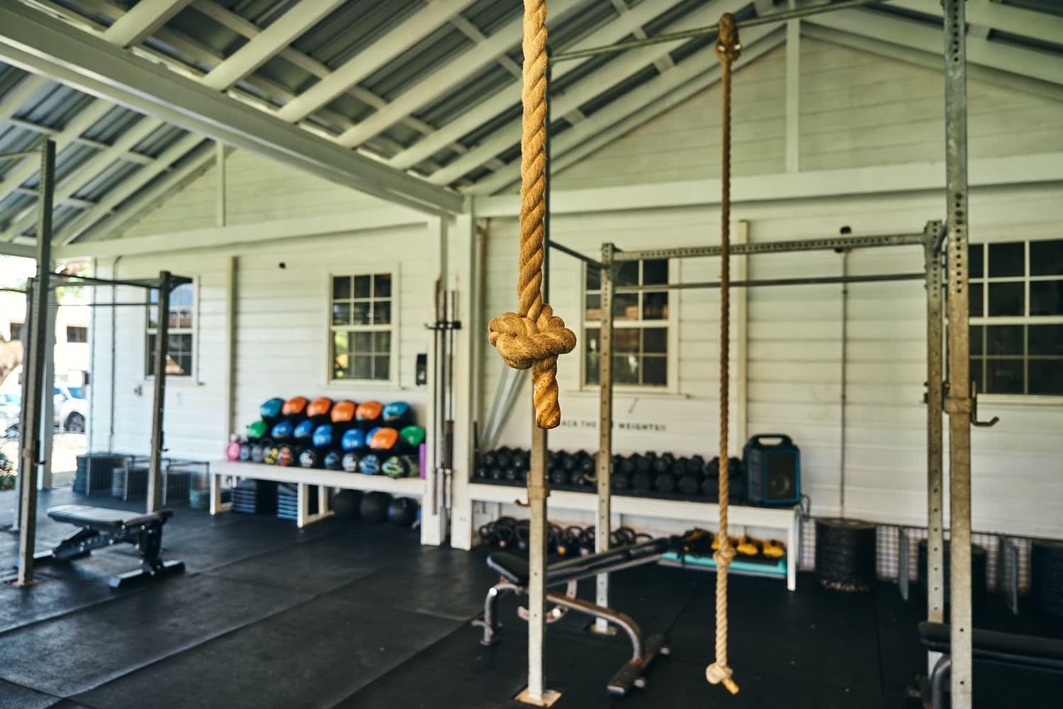 Climbing ropes and med balls at Holetown